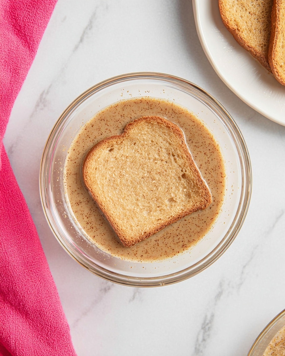 A clear glass bowl is shown from above on a white marbled surface, filled with a light brown liquid mixture that has a slightly grainy texture. Resting in the center of the bowl is a single slice of toasted bread, fully soaked and slightly darker in color, with visible specks and rough texture. To the left, a corner of a bright pink cloth is visible, and to the right edge, part of a white plate with more toasted bread slices can be seen. The overall setting is bright with natural light and has a clean, simple look photo taken with an iphone --ar 4:5 --v 7