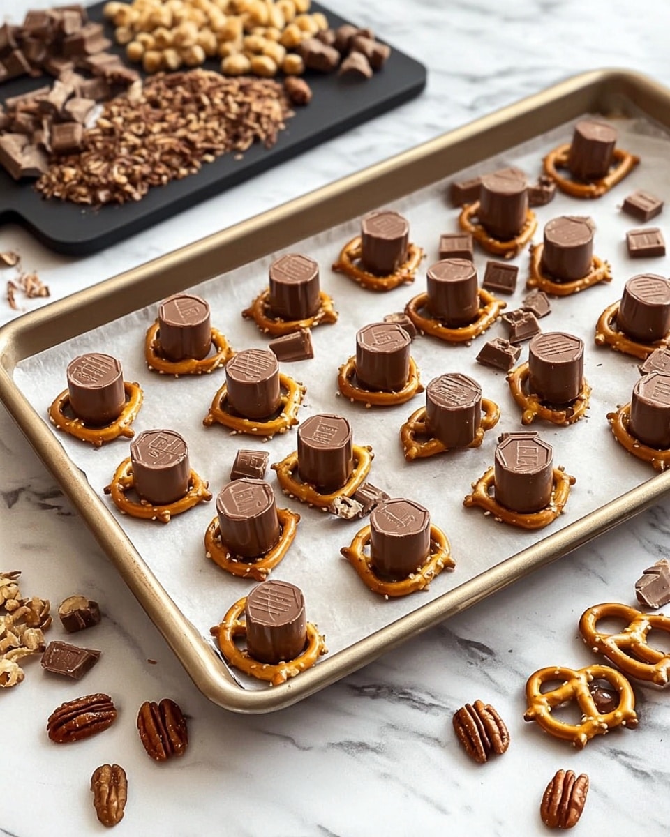 A silver baking tray lined with parchment paper is filled with evenly spaced pretzels topped with cylindrical milk chocolates, each chocolate sitting perfectly on the pretzels. In the background, a black cutting board holds chopped peanut butter cups and whole pecans. Around the tray on the white marbled surface, there are whole pretzels, pecans, and peanut butter cup pieces scattered casually. The scene is bright and clear, showing a close-up view of the sweet snack assembly. Photo taken with an iphone --ar 4:5 --v 7