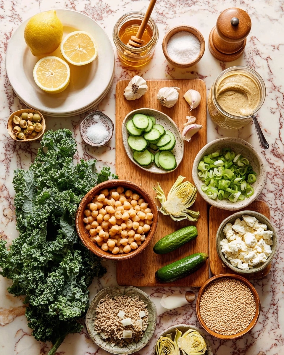 A white marbled surface holds various small bowls and a wooden cutting board filled with fresh ingredients: on the top left, two lemon halves with a wooden juicer on a white plate, a small jar of honey with a honey dipper, a bowl of coarse salt, a small bowl with a creamy beige sauce, a pepper grinder, and a small plate with garlic cloves arranged around the cutting board; the cutting board itself holds three small cucumbers and chopped cucumber pieces scattered nearby; on the right of the board, a wooden bowl filled with sliced green onions and a bowl with artichoke hearts; below the board, a pile of curly kale leaves spreads out partly over the cutting board; to the bottom left, a round bowl full of chickpeas, next to smaller bowls filled with raw quinoa seeds, green olives, and crumbled white cheese, all contrasting against the white marbled surface photo taken with an iphone --ar 4:5 --v 7
