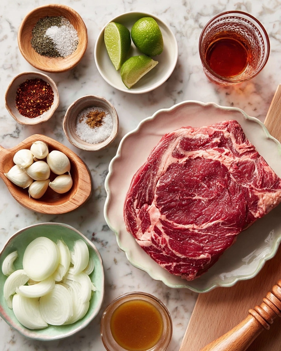 A large piece of raw red meat with white fat marbling is placed on a white bowl with a scalloped edge, positioned on the lower right side of the image on a white marbled surface. Above it, to the right, is a glass with a reddish-brown liquid next to a wooden pepper grinder. Near the top right corner, a small white bowl holds several garlic cloves, and to its left, a wooden bowl with two green lime halves along with a wooden citrus juicer resting on top. Below the lime bowl is another bowl filled with white onion wedges. On the left side of the image, small bowls contain coarse salt, a mixture of ground spices, and a dark red sauce or paste, along with a glass cup filled with light brown liquid. The wooden cutting board underneath the bowl with meat is partially visible. photo taken with an iphone --ar 4:5 --v 7
