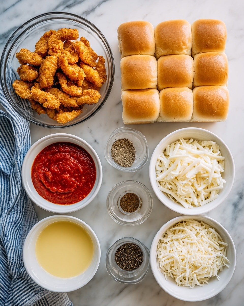 The image shows six white bowls and plates arranged on a white marbled surface. On the top left, there is a clear glass bowl filled with golden brown chicken tenders. To the top right, a block of 12 soft, light brown slider buns arranged in a 3x4 grid. Below the chicken tenders, a small white bowl holds bright red marinara sauce with a smooth texture. Next to it on the right, a white bowl is filled with shredded mozzarella cheese, white and fluffy in appearance. Below the mozzarella is a small white bowl holding creamy yellow melted butter. On the bottom right, there is a white bowl with grated parmesan cheese off-white in color and another small white bowl nearby filled with mixed dry seasonings in light brown and black. A striped blue and white cloth is partially visible on the far left edge. Photo taken with an iphone --ar 4:5 --v 7