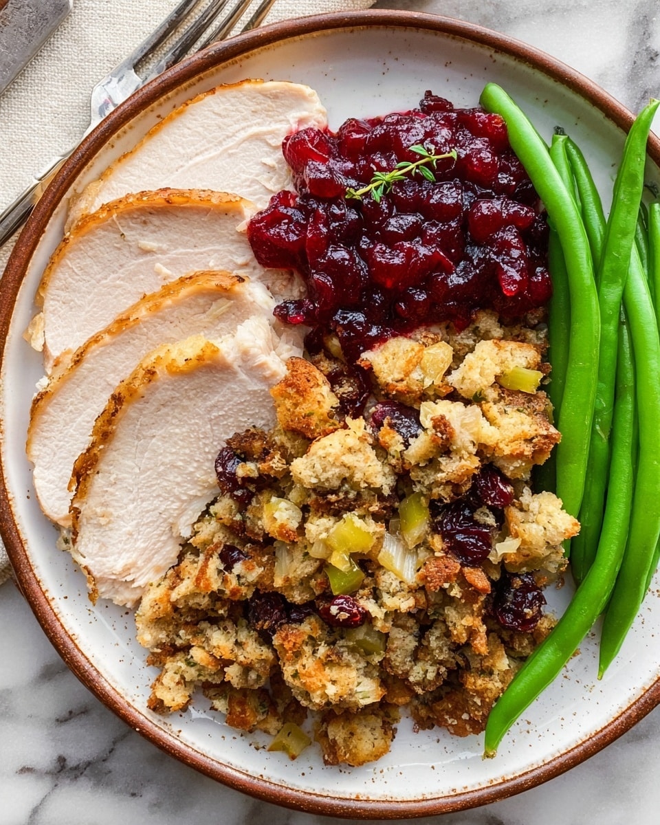 A white round plate with a brown rim sits on a white marbled surface, holding a meal with four main sections: on the left are three thick slices of light beige roasted turkey, next to them on the right is a heap of mixed stuffing made of crumbly golden-brown bread pieces, light green celery chunks, small dark red dried cranberries, and bits of cooked onion, topped with a tiny sprig of green herb; above the stuffing is a glossy deep red cranberry sauce piled neatly, and on the right edge of the plate is a group of bright green, smooth green beans laid side by side. The photo taken with an iphone --ar 4:5 --v 7