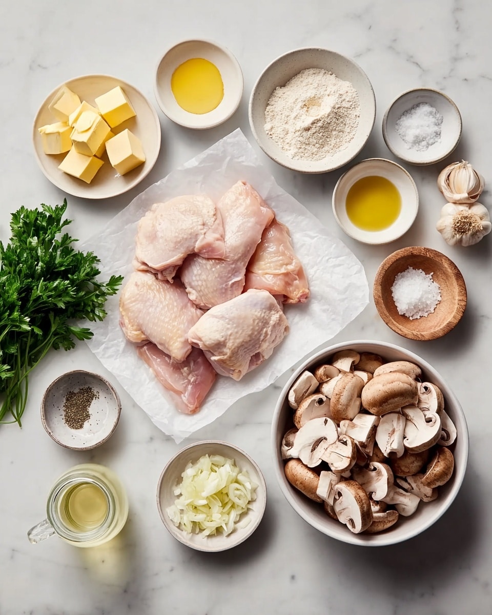 The image shows raw chicken pieces placed on white parchment paper in the center of a white marbled surface. To the right, there is a white bowl filled with sliced brown mushrooms, and above it, four small white and brown bowls containing flour, lemon juice, olive oil, and lemon zest. On the left side of the chicken, there is a bunch of green parsley, a white bowl with yellow butter cubes, a wooden bowl with ground black pepper, and white bowls holding chopped shallots, salt, minced garlic, and grated cheese. A glass jar with a pale yellow liquid sits near the bottom left corner. All ingredients are neatly arranged and color contrasted on the white marbled background, photo taken with an iphone --ar 4:5 --v 7
