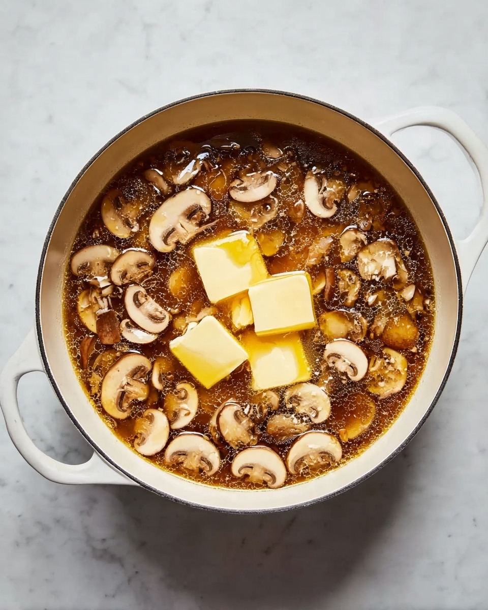 A white pot filled with a brown broth that looks thick and slightly oily. Floating on top are many light brown, sliced mushrooms that cover almost the entire surface. In the center, there are four pale yellow squares of butter melting slowly into the liquid. The pot has two handles and is placed on a white marbled surface. The light shines softly from above, making the broth slightly shiny and showing the texture of the mushrooms and butter. Photo taken with an iphone --ar 4:5 --v 7
