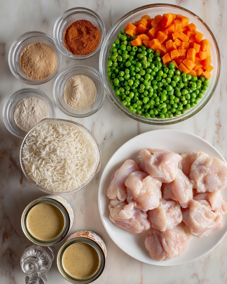The image shows raw chicken pieces placed on a white plate in the bottom right. Above the chicken is a glass bowl filled with a mix of bright green peas and orange carrot cubes. To the left of the peas are three small containers holding powders: one with light brown onion powder, one with reddish paprika, and one with off-white garlic powder. Below the chicken plate is a clear bowl filled with white rice, and next to it are two cans of soup, one labeled cream of mushroom and the other cream of celery. A small glass jar of light brown broth sits to the left of the rice. Two clear salt and pepper shakers are positioned near the peas and carrots. All items are arranged on a white marbled surface. Photo taken with an iphone --ar 4:5 --v 7
