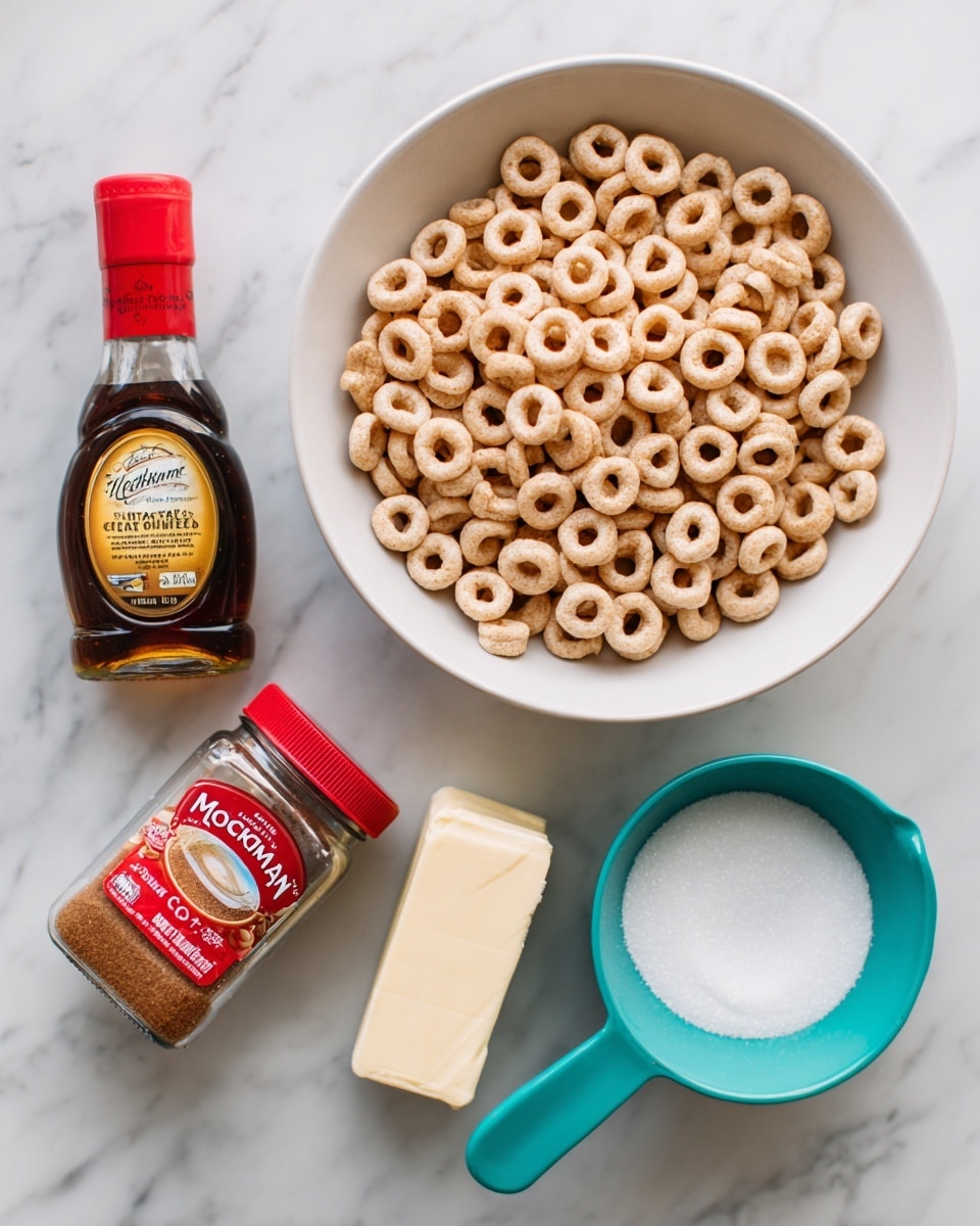 The image shows a white marbled surface with five items arranged on it: a rectangular box of Cheerios cereal with a yellow background and a red heart-shaped bowl of cereal on the front; a small red-capped bottle of McCormick pure vanilla extract; a clear jar with a red lid of McCormick ground cinnamon; a white stick of salted butter in its packaging; and a teal measuring cup filled with white sugar. The items are neatly placed with bright colors and clear labels in view. photo taken with an iphone --ar 4:5 --v 7