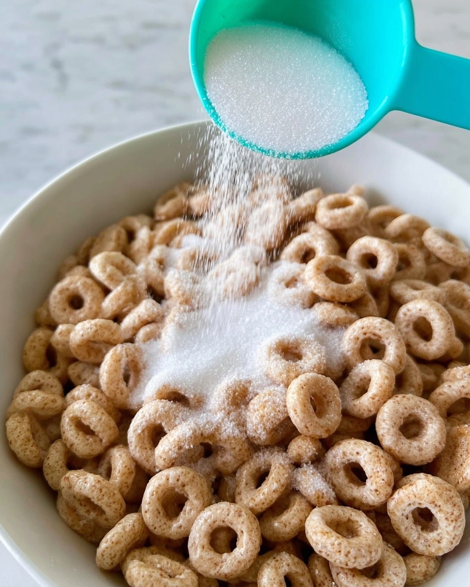 A close-up view of a white bowl filled with light brown round cereal rings. On top of the cereal, white sugar is being poured from a turquoise measuring cup, with sugar granules visibly falling and spreading over the cereal. The background is a white marbled surface. photo taken with an iphone --ar 4:5 --v 7