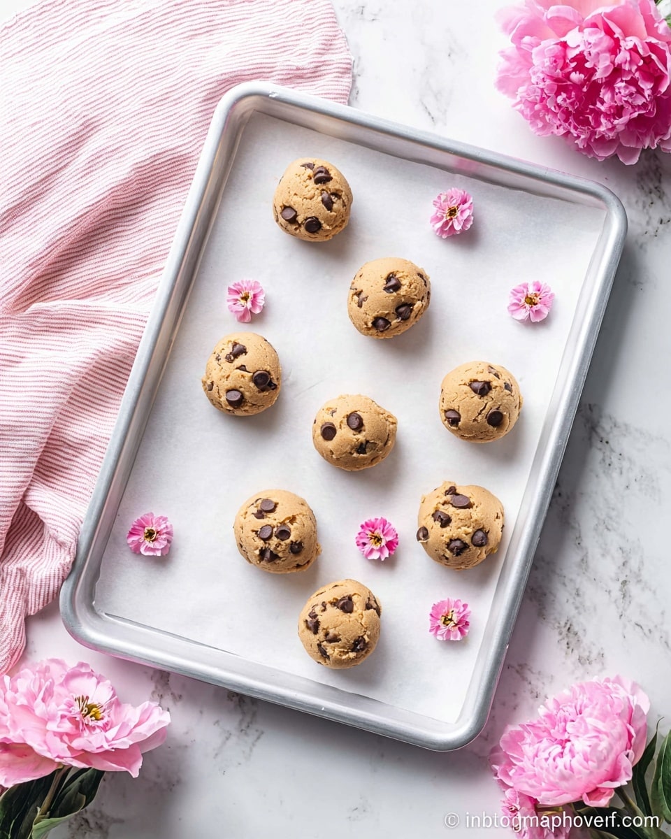 A white baking tray lined with white parchment paper holds six round scoops of light brown cookie dough with dark chocolate chips scattered throughout. The dough scoops are spaced evenly, and small pink flowers are placed delicately around and between them. The tray sits on a white marbled surface, with a pink and white striped cloth and more pink flowers arranged neatly on the right and bottom edges. A large pink flower is visible in the top right corner. Photo taken with an iphone --ar 4:5 --v 7