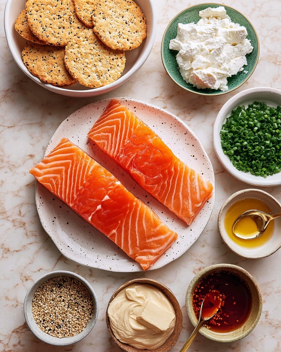 The image shows two thick, raw salmon fillets with bright orange flesh and white striping, placed on a white plate with a light speckle pattern, sitting on a white marbled surface. Around the plate are various small bowls and containers: on the left is a white bowl filled with round, crispy crackers speckled with seeds; to the right are three small bowls containing different condiments including a light beige spread, bright green chopped chives, and white cottage cheese with a brass spoon inside. Also present are three small containers holding different sauces—one with a deep red oil with sesame seeds, one with golden liquid, and another with a darker thick sauce. The whole setup is neat and arranged from top to bottom, showing different textures and colors. photo taken with an iphone --ar 4:5 --v 7