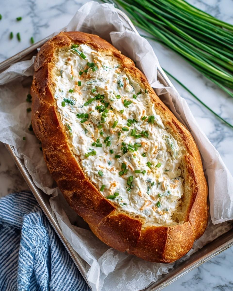 The image shows a hollowed-out loaf of bread placed on a silver baking tray lined with white parchment paper, set on a white marbled surface. The loaf is filled with a thick, creamy white dip mixture that has small bits of orange and green visible, spread evenly across the hollowed section of the golden brown bread. The background includes a green bunch of chives or green onions on the upper right side and a blue and white striped cloth partially visible at the bottom left corner. The text