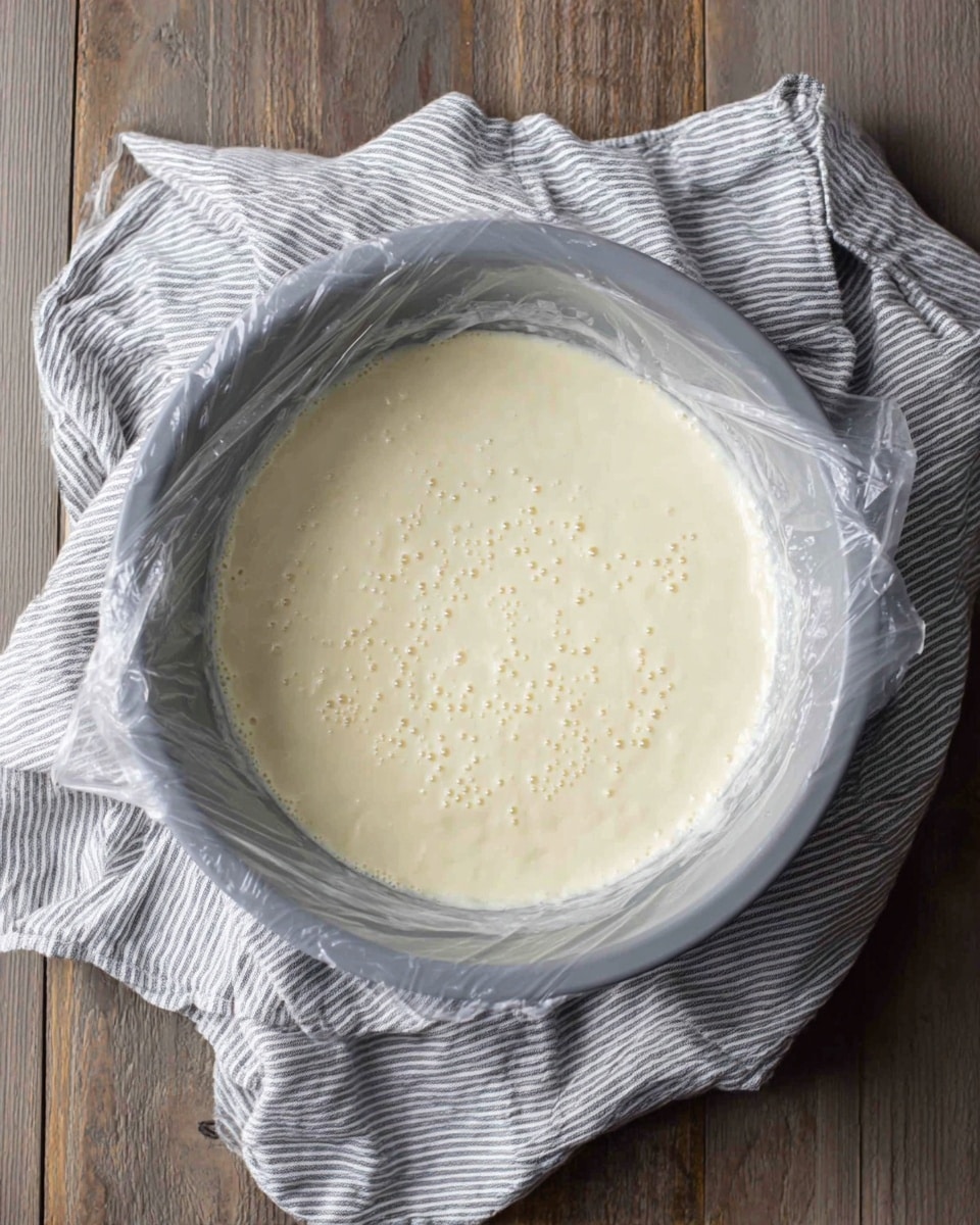 The image shows a single round layer of pale, creamy batter with small bubbles on top, covered with clear plastic wrap. The batter is inside a gray mixing bowl, which rests on a soft, light gray and white striped cloth on a wooden surface. The batter looks smooth and slightly thick, filling the bowl evenly. Photo taken with an iphone --ar 4:5 --v 7