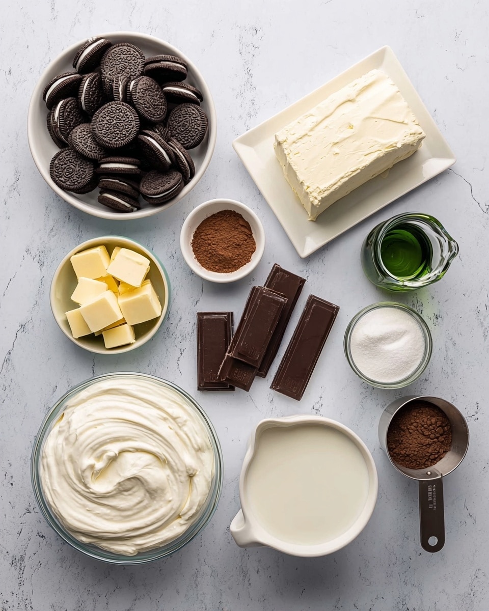 The image shows several ingredients laid out on a white marbled surface, including a white bowl full of black sandwich cookies, a glass dish with a solid block of cream cheese colored pale white, a small white bowl with light yellow butter cubes, a glass pitcher filled with white milk, a small white bowl holding brown cocoa powder, a small glass bowl with a dark green liquid bottle, a metal measuring cup filled with white powdered sugar, three pieces of dark chocolate bars, and a white bowl filled with thick, smooth white cream, all arranged neatly and ready for baking or mixing photo taken with an iphone --ar 4:5 --v 7