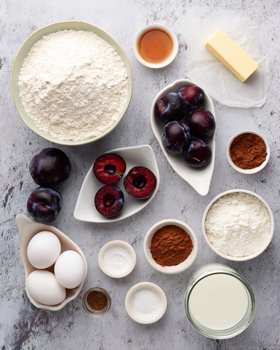A flat lay of baking ingredients on a white marbled surface with a large bowl of white flour on the left; next to it are two white eggs in a small white dish. Near the center are whole dark purple plums and two halved red-purple plums placed near a small white curved dish holding more plums. Surrounding these are small white bowls containing white sugar, cinnamon powder, vanilla extract in a tiny scalloped dish, salt, and cocoa powder. There is also a small stick of butter on white paper near the top right, and a clear jar filled with milk at the bottom right. photo taken with an iphone --ar 4:5 --v 7