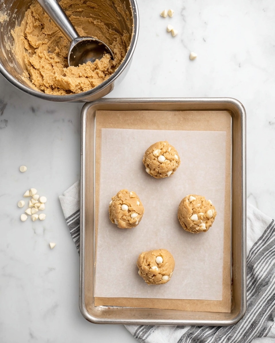 The image shows four light brown cookie dough balls with white chip pieces placed evenly on a parchment-lined silver baking sheet. Above the baking sheet, there is a silver mixing bowl filled with more cookie dough and a metal scoop resting inside it. The baking sheet and bowl both sit on a white marbled surface that has a few scattered white chips and a corner of a striped gray and white cloth. The cookie dough balls have a soft texture and each contains visible white chips. photo taken with an iphone --ar 4:5 --v 7