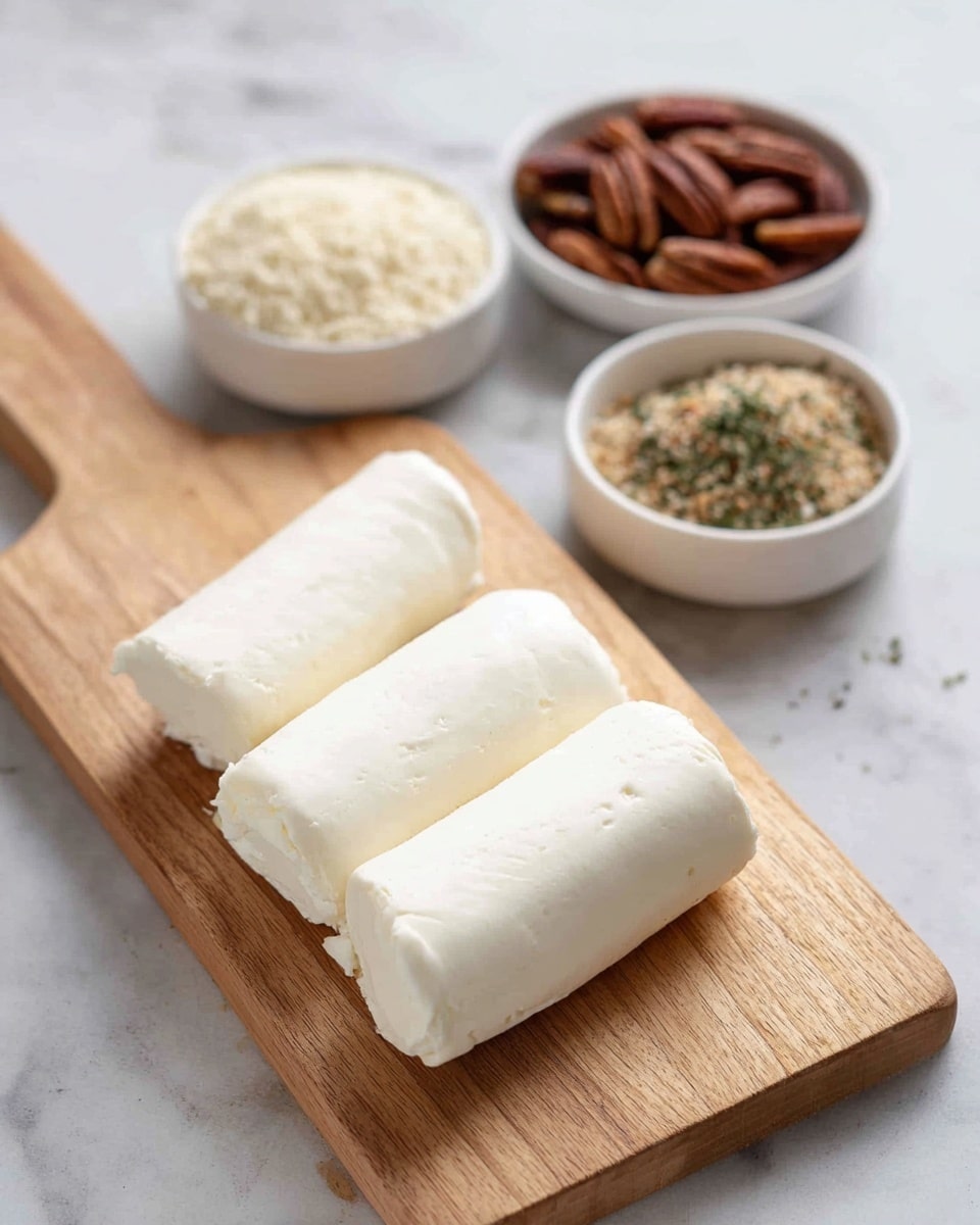The image shows three smooth white cheese logs placed on a light wooden cutting board. Behind the cutting board, there are three small round white bowls on a white marbled surface. One bowl has beige breadcrumbs, another is filled with dark brown pecan nuts, and the third contains a light brown seasoning mix with small green herbs sprinkled on top. The scene is clean and simple with soft natural lighting. photo taken with an iphone --ar 4:5 --v 7