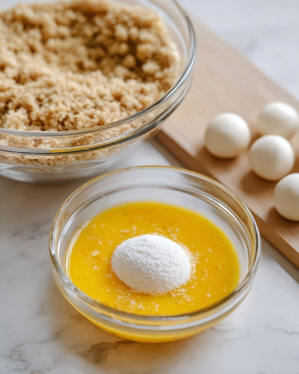 A clear glass bowl at the front holds a bright yellow beaten egg mixture with a single white powdery scoop resting gently on top, adding a contrasting color and texture. Behind it, another clear glass bowl contains a coarse, light brown crumb mixture that fills the bowl to the midpoint, showing a rough texture. In the lower right corner, a light wooden board displays several small, smooth, white round balls scattered casually. The background features a clean white marbled surface that complements the simplicity and clarity of the ingredients. photo taken with an iphone --ar 4:5 --v 7