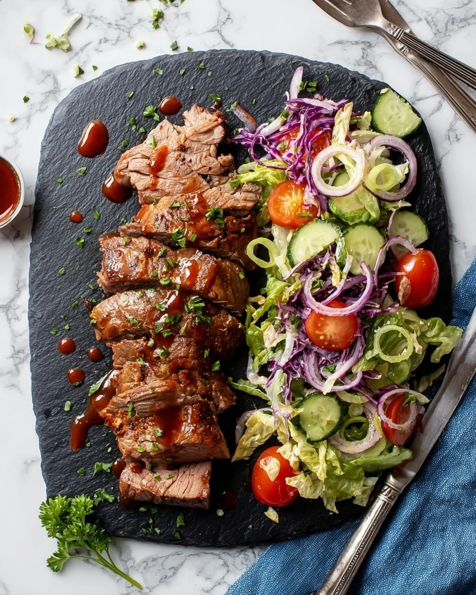 Thin slices of cooked meat with a browned outside and tender inside are placed on the left side of a black slate board. The meat is topped with small sprinkles of green herbs and drops of a red sauce. On the right side, there is a fresh salad made of chopped green lettuce, thin purple cabbage strips, halved small red cherry tomatoes, thin rings of red onion, and sliced cucumber. The salad has light-colored creamy dressing drizzled on it with some of the same red sauce from the meat. The board sits on a white marbled surface with a blue cloth to the side and a silver fork with sauce marks near the top right corner. Some parsley and onion rings are scattered around for decoration. photo taken with an iphone --ar 4:5 --v 7