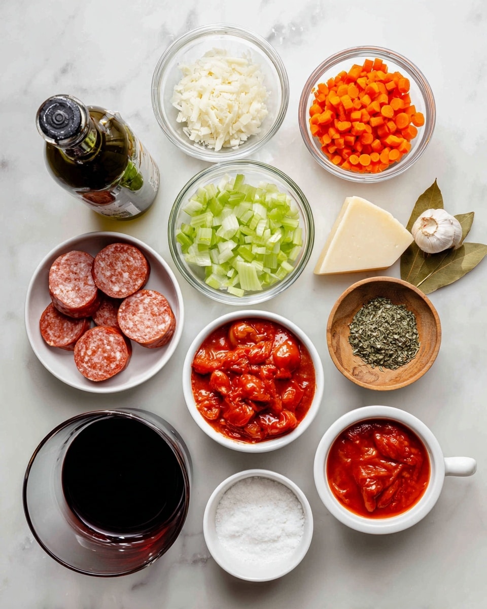 A white marbled surface holds a variety of cooking ingredients in small white or clear bowls and containers arranged almost in a circle. At the top is a dark glass bottle of oil. Below, there is a small clear bowl with finely chopped white onion, next to a white bowl filled with small green celery pieces, and a clear bowl of finely chopped orange carrots. A white bowl shows two whole garlic cloves and a single dried bay leaf to the right. Near them is a wedge of pale beige parmesan cheese. A small wooden bowl contains a mixture of dried oregano and mint herbs. Below, a white bowl is filled with bright red San Marzano tomatoes, accompanied by a smaller white dish holding thick red tomato paste. At the center left, a white bowl holds raw hot Italian sausage, colored reddish with white streaks. A glass jug filled with dark red wine is on the lower left, and a clear glass holds white half and half cream near the bottom. A small white bowl holds black and white salt and pepper to the top right. The items are spaced evenly on the white marbled surface. photo taken with an iphone --ar 4:5 --v 7