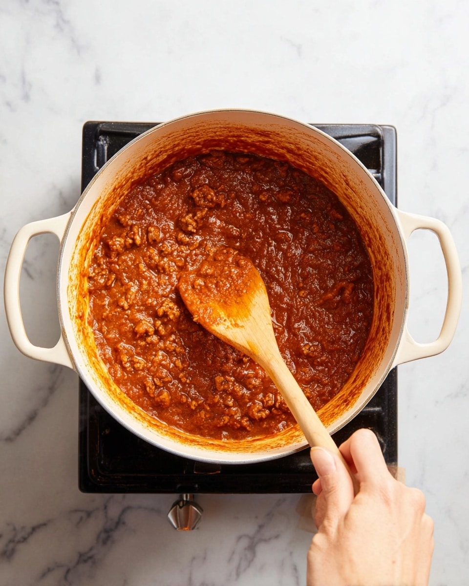 A white pot filled with thick, reddish-brown sauce that has a chunky texture, sitting on a black stove on a white marbled surface. A woman's hand holds a wooden spoon stirring the sauce, which has bits of meat and vegetables visible throughout. The inside rim of the pot is stained with the rich sauce, showing it has been cooking for some time. Photo taken with an iphone --ar 4:5 --v 7