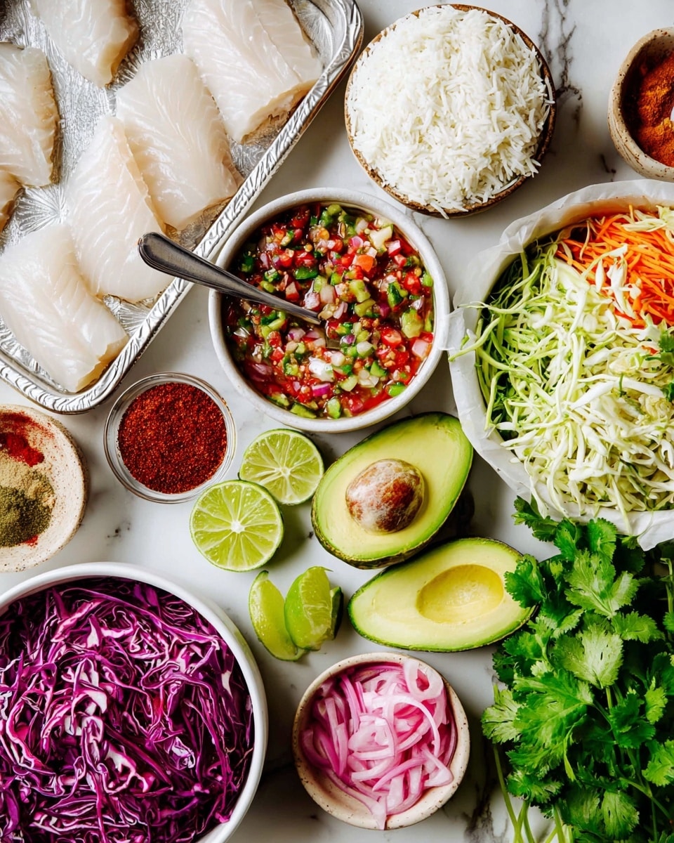 The image shows a top view of fresh food ingredients on a white marbled surface. At the top left, there is a silver tray with raw white fish fillets. Below it, a white bowl holds a mix of shredded green, purple cabbage, and orange carrot. Next to this bowl is a small round container filled with white rice. In the center, two halves of bright green avocado sit close to a small white bowl filled with red, green, and white salsa, with a spoon inside. Nearby, bright green lime wedges are spread out across the surface. On the right side, a white bowl contains fresh green cilantro leaves. Small containers hold a red spice mix, smooth white sour cream, and pink pickled onions arranged neatly around the ingredients. The photo was taken with an iphone --ar 4:5 --v 7