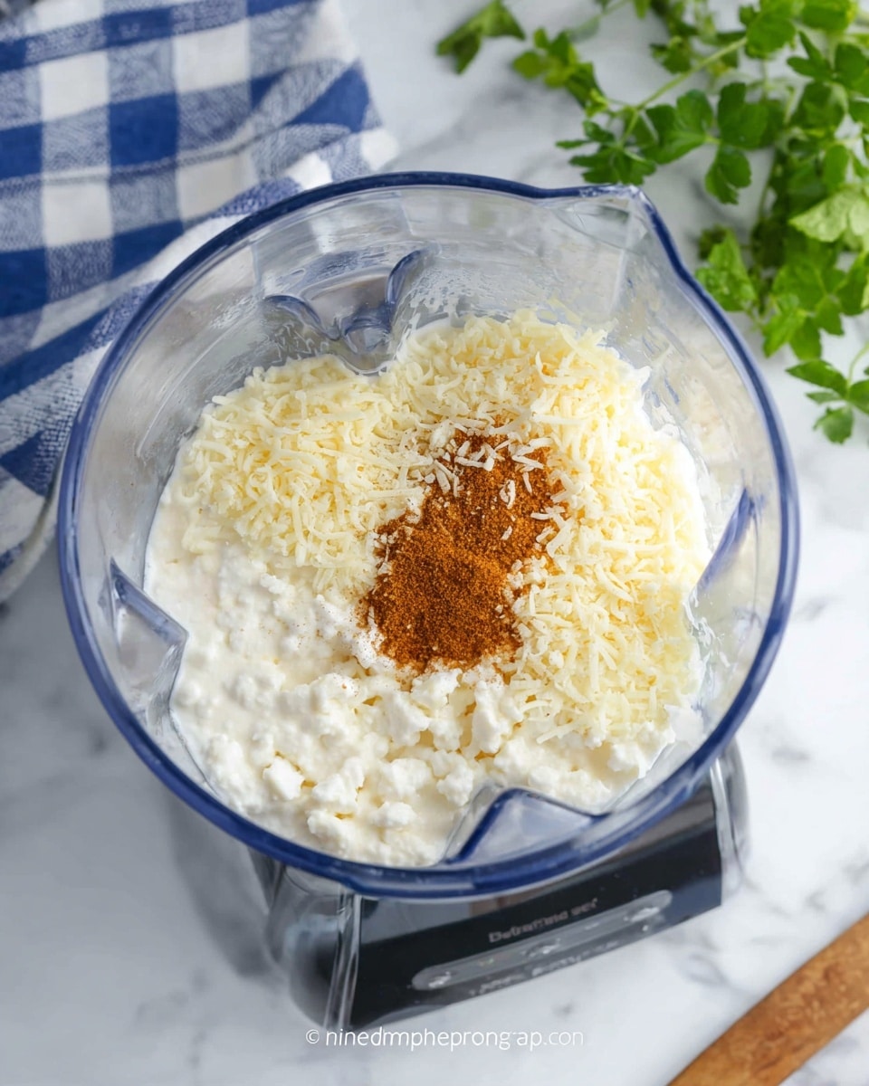 The image shows a clear blender container viewed from above, holding several ingredients layered inside. The bottom layer is white small curds or cottage cheese, covering most of the inside base. On top of this is a layer of finely grated pale yellow cheese, spreading evenly over the curds. At the center of the cheese layer, there is a small pile of brown powdered spice. The blender sits on a white marbled surface with a blue and white checkered cloth partially visible in the background and some green leafy herbs placed to the upper right side of the blender. Photo taken with an iphone --ar 4:5 --v 7