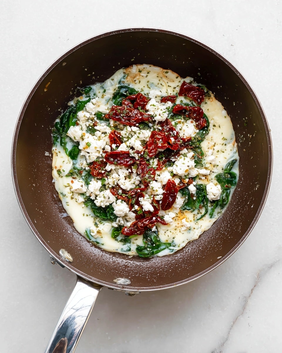 In a dark brown pan placed on a white marbled surface, there is a single layer dish made of melted white cheese forming a creamy base, with dark green wilted spinach mixed in. On top of this, bright red sun-dried tomatoes are scattered in pieces, along with crumbled white cheese sprinkled evenly across the surface. There is a light dusting of greenish seasoning over the cheese and spinach, adding some texture to the dish. The shiny metal handle of the pan extends toward the bottom left of the image. photo taken with an iphone --ar 4:5 --v 7