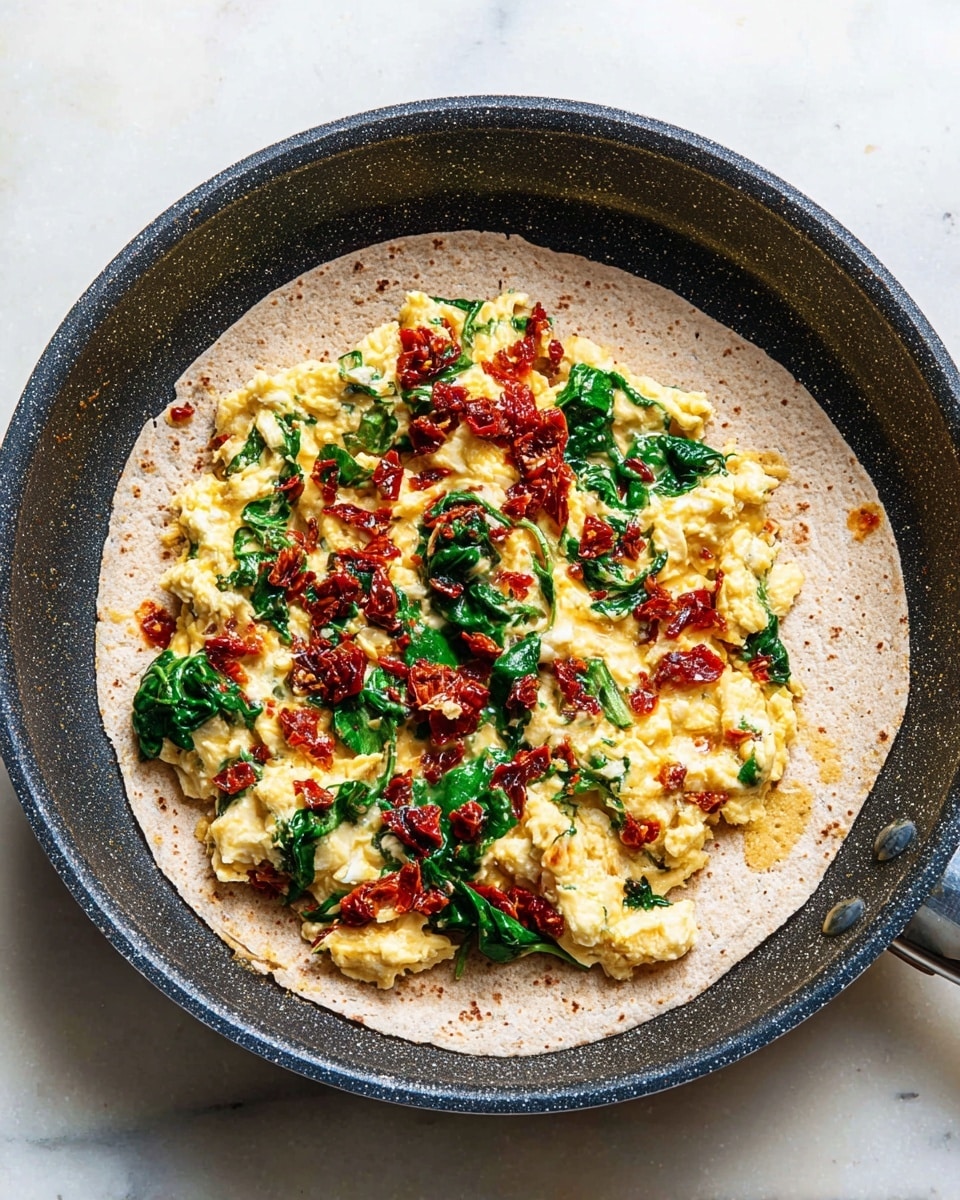 A round whole wheat tortilla lines the base of a dark frying pan, topped with a scattered layer of cooked scrambled eggs mixed with fresh bright green spinach and small chunks of deep red sun-dried tomatoes, creating a colorful and textured mix that covers most of the tortilla’s surface and contrasts with the pan’s dark color; the background is a white marbled surface photo taken with an iphone --ar 4:5 --v 7