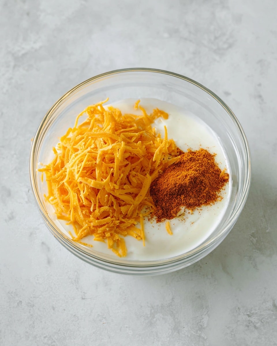 A clear glass bowl with three visible layers sitting on a white marbled surface is shown. The bottom layer is a smooth, creamy white substance, taking up about half the bowl. On the left side, a mound of shredded bright orange cheese covers part of the white base. On the right side of the cheese, there is a small pile of reddish-brown powdered spice sitting atop the white layer. The ingredients are fresh and arranged separately in the bowl, ready to be mixed. photo taken with an iphone --ar 4:5 --v 7