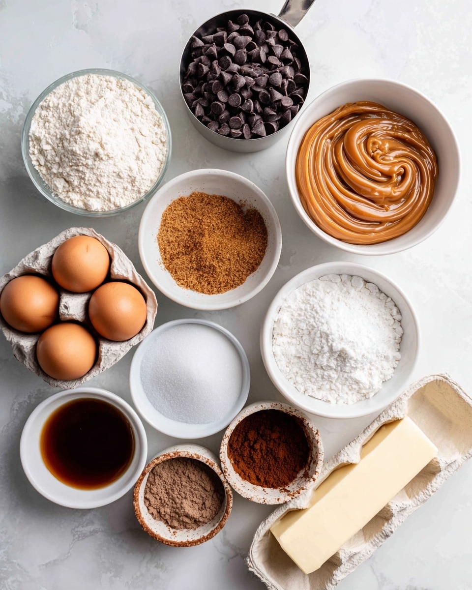 The image shows a flat lay of baking ingredients arranged neatly on a white marbled surface. In the center bottom is a clear egg carton with blue and white labeling for organic large eggs; above it slightly to the right is a white bowl filled with smooth, swirled brown caramel or dulce de leche. To the left is a shiny metal measuring cup filled with dark chocolate chips. Above the cup, a white bowl contains two small piles of spices, one brown and one white. Below the caramel bowl, there is a small round dish with a dark brown liquid, likely vanilla extract. Surrounding these central items, there are five white bowls containing various dry ingredients: one with dark brown sugar, one with white granulated sugar, one with light beige flour, one filled with fine white salt, and one with brown cocoa powder. A stick of unsalted butter wrapped in white and orange paper sits near the spices. The whole setup is bright, clean, and well organized, with soft natural light. Photo taken with an iphone --ar 4:5 --v 7