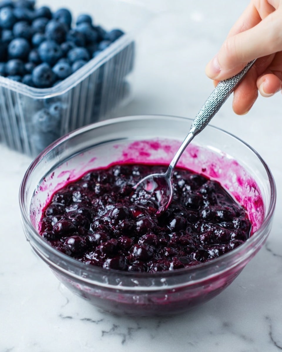 A clear glass bowl sits on a white marbled surface filled with a thick, dark purple mixture made of whole blueberries and juice. A silver spoon with a textured handle is held by a woman's hand, stirring the fruit, showing the shiny, wet texture of the berries and the bright magenta juice clinging to the sides of the bowl. In the background, a clear plastic container filled with fresh, plump blueberries adds a touch of blue to the scene. Photo taken with an iphone --ar 4:5 --v 7