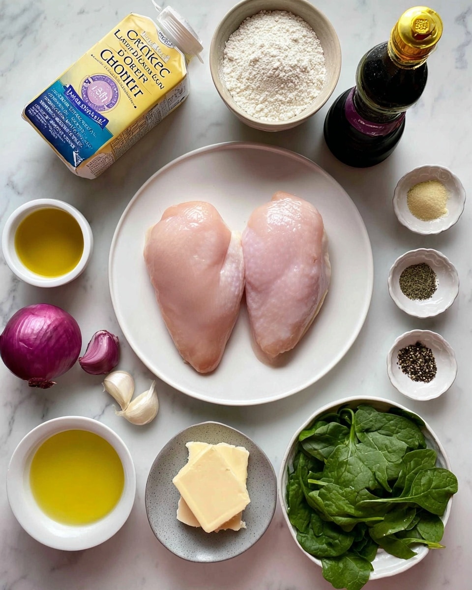 Two raw chicken pieces, light pink with a smooth texture, sit side by side on a white round plate in the center on a white marbled surface. Surrounding the chicken, clockwise from top left: a yellow, blue, and white carton of chicken bone broth; a purple and white carton of half & half cream; a small white bowl filled with white flour; a dark glass bottle of Worcestershire sauce with a yellow label; two small purple shallots; a white bowl with light yellow liquid; a small white bowl with light brown mustard; a small grey dish holding two slices of pale yellow butter; a small white bowl of yellow olive oil; two peeled cloves of garlic resting directly on the surface; a small white dish divided into four quarters containing black pepper, dark green dried herbs, pink salt, and a small pile of black pepper; and a white bowl full of fresh green spinach leaves. Photo taken with an iphone --ar 4:5 --v 7