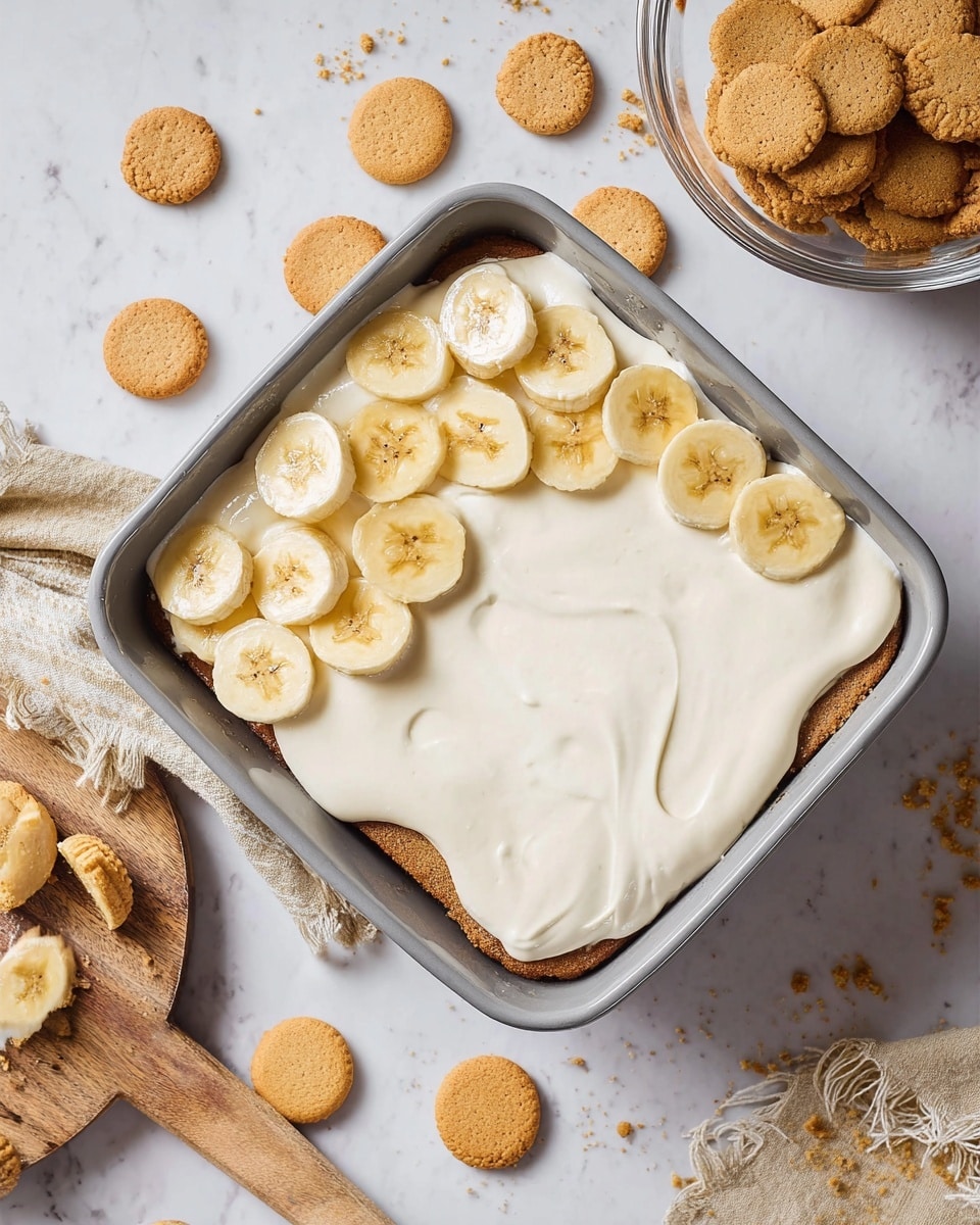 A gray baking dish on a white marbled surface holds a dessert with three visible layers: the bottom layer is round light brown cookies, the middle layer is banana slices arranged over the cookies, and the top layer is a thick creamy white sauce that is spread unevenly, partially covering the bananas. Around the dish, more of the same light brown cookies some whole and some broken, are scattered on the white marbled surface next to a round clear bowl filled with the same cookies. There's also a flat wooden board placed near the bottom left corner of the image. Photo taken with an iphone --ar 4:5 --v 7