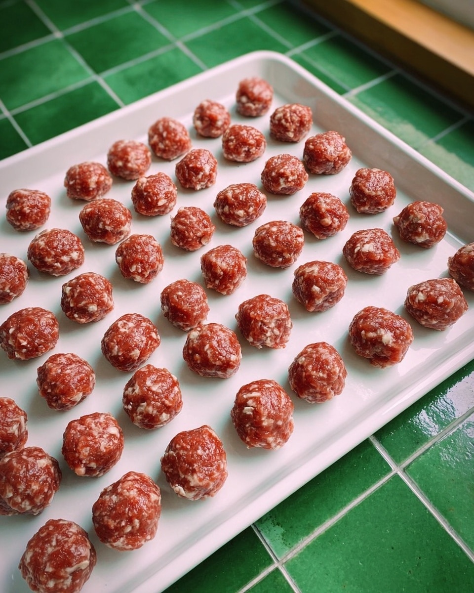 A white tray is filled with evenly spaced small raw meatballs, each ball showing a rough texture with bits of white mixed inside the reddish meat. The tray is placed on a green tiled surface, contrasting with the bright white tray. The meatballs are arranged in straight rows and columns, covering nearly the whole tray. photo taken with an iphone --ar 4:5 --v 7