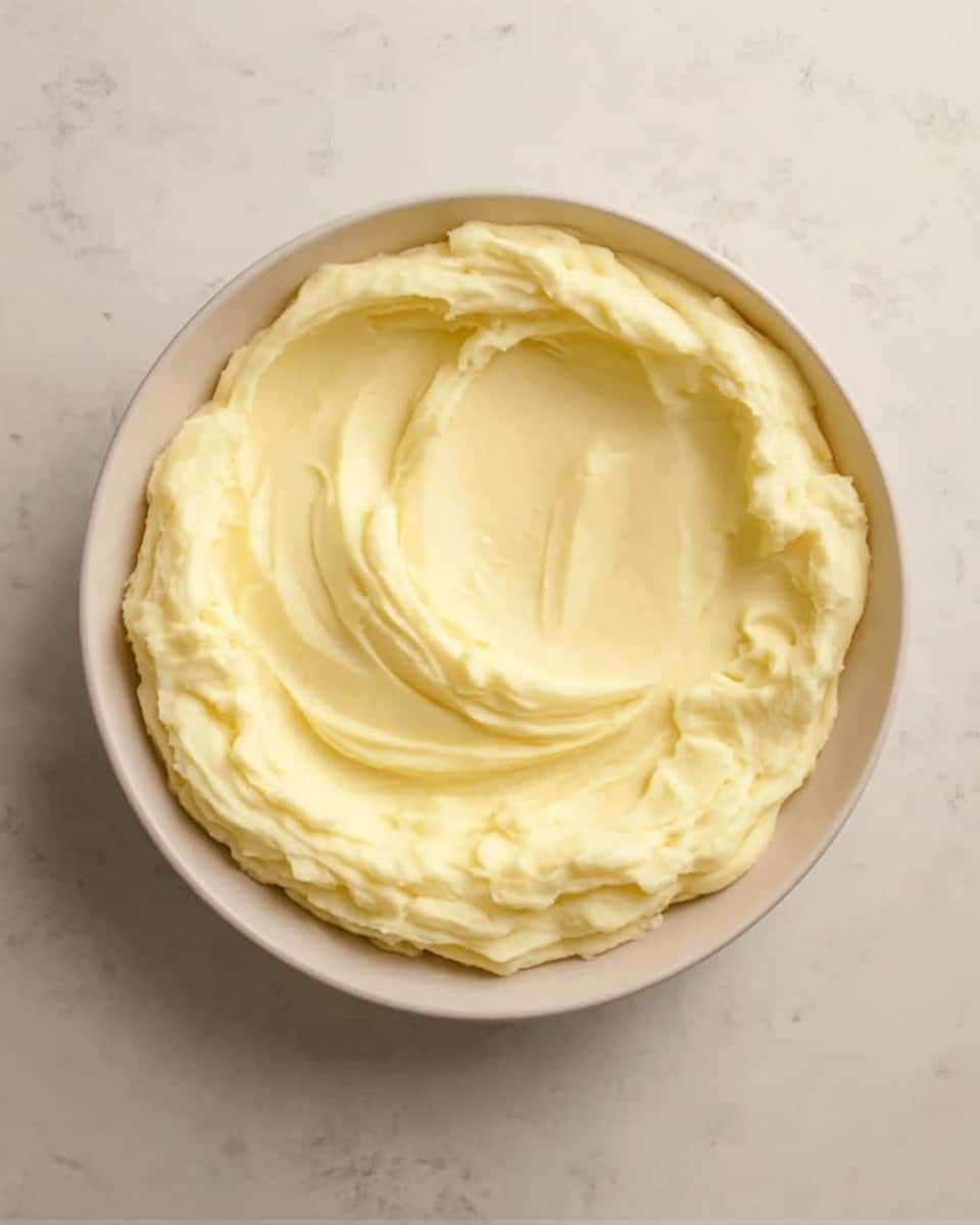 A round white bowl filled with a single thick layer of smooth mashed potatoes, creamy and light yellow in color with swirled texture patterns on the surface, showing soft peaks and gentle folds, placed on a white marbled background. photo taken with an iphone --ar 4:5 --v 7
