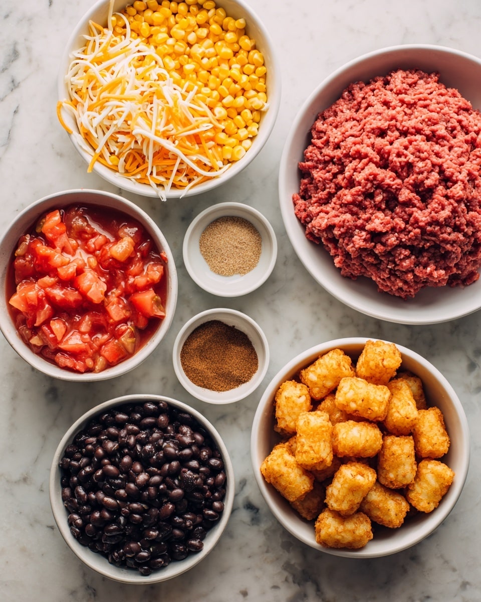 The image shows six white bowls on a white marbled surface. One large bowl contains bright red raw ground beef with a textured, soft surface and is placed on the right side. Above it, a medium bowl is filled with yellow corn kernels showing a smooth, slightly wet texture. To the left of the corn, there is a bowl full of shredded cheese colored orange and white with thin, stringy layers. Below the cheese, a small bowl holds fine brown taco seasoning powder with a soft, grainy texture. On the bottom left, a medium bowl is filled with shiny black beans, smooth and oval-shaped. Next to the beans, a similar bowl holds diced tomatoes in a chunky red sauce with visible pieces and liquid. Lastly, directly to the right of the tomatoes, a medium bowl is full of golden-brown tater tots, crispy and textured. Photo taken with an iphone --ar 4:5 --v 7