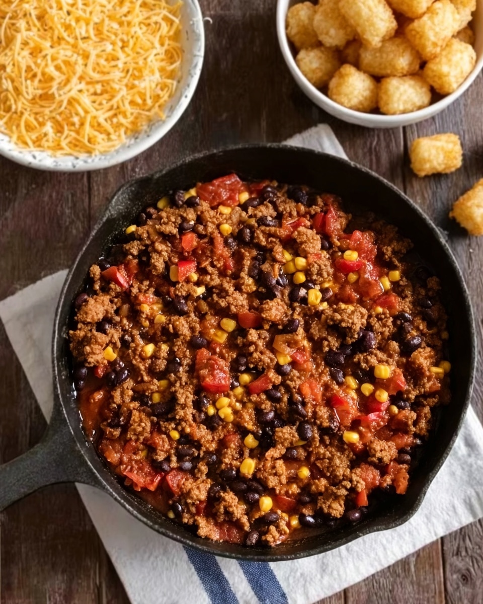 A black cast iron pan filled with a mixture of cooked ground meat, black beans, chunks of red tomatoes, and yellow corn kernels, all mixed together with a slightly oily, reddish-brown sauce. The pan is placed on a white cloth with blue stripes, resting on a dark wooden surface. To the top left, there are two white bowls: one filled with shredded yellow cheese and the other filled with light golden brown tater tots. The background is a white marbled texture. photo taken with an iphone --ar 4:5 --v 7