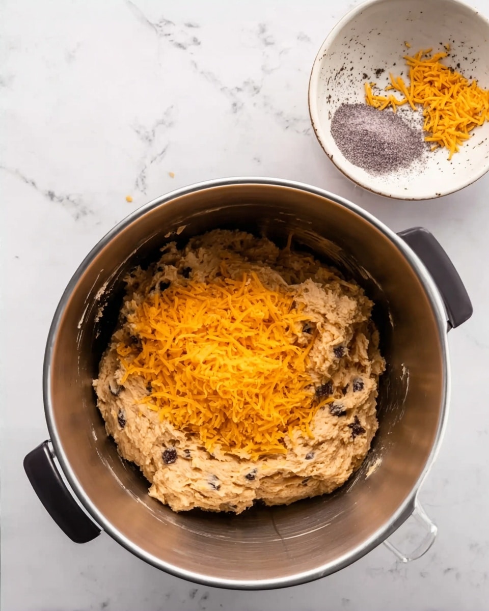 A large steel mixing bowl with black handles contains a thick, light brown dough mixed with dark chunks, topped with a heap of bright orange shredded cheese in the center. Above and to the right of the bowl, there is a small white bowl with dark speckles and a few scattered smears of the same shredded cheese inside. The scene is set on a white marbled surface. photo taken with an iphone --ar 4:5 --v 7