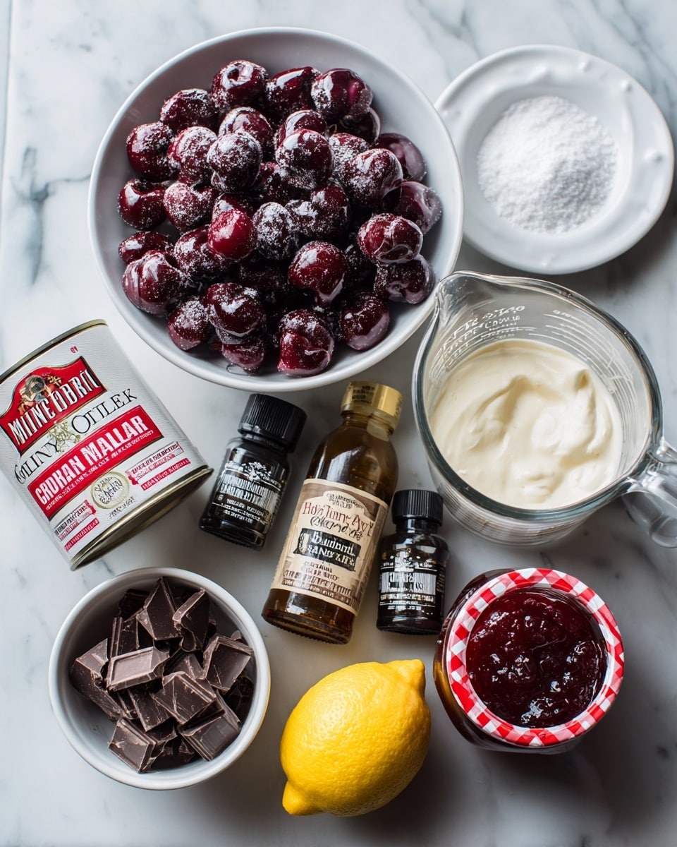 The image shows several ingredients arranged on a white marbled surface. At the top is a white bowl filled with dark red pitted cherries, some with a frosty texture. Below it to the right is a small white plate with white granulated sugar. Next to the sugar is a clear glass measuring cup with thick, white heavy cream. To the left of the measuring cup is an opened tin can of sweetened condensed milk in red and white packaging. Below the condensed milk is a white bowl with chopped dark chocolate pieces. Next to the bowl are two small bottles, one with vanilla extract in a brown bottle and the other with almond extract in a black and red bottle. At the very bottom right is a jar of cherry jam with a red and white checkered lid. A half lemon with a bright yellow interior sits between the sugar and cherries. The items are all clearly labeled in white text. Photo taken with an iphone --ar 4:5 --v 7
