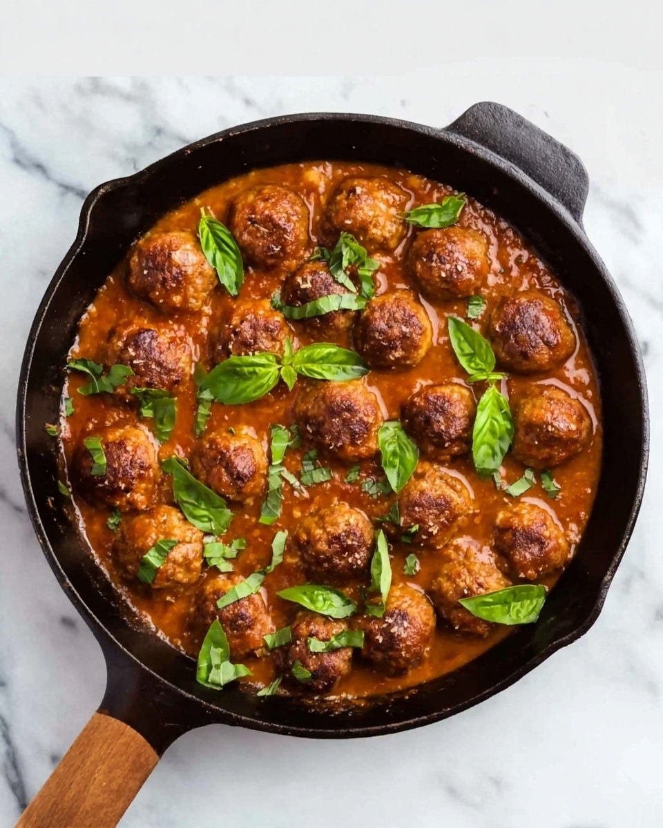 A black cast iron skillet filled with about twenty small, round browned meatballs resting in a reddish-brown sauce, topped with fresh bright green basil leaves scattered evenly across the top. The skillet is placed on a white marbled surface. The image gives a clear view from above, showing the texture of the meatballs with their slightly crispy outer layer and the smooth sauce surrounding them photo taken with an iphone --ar 4:5 --v 7