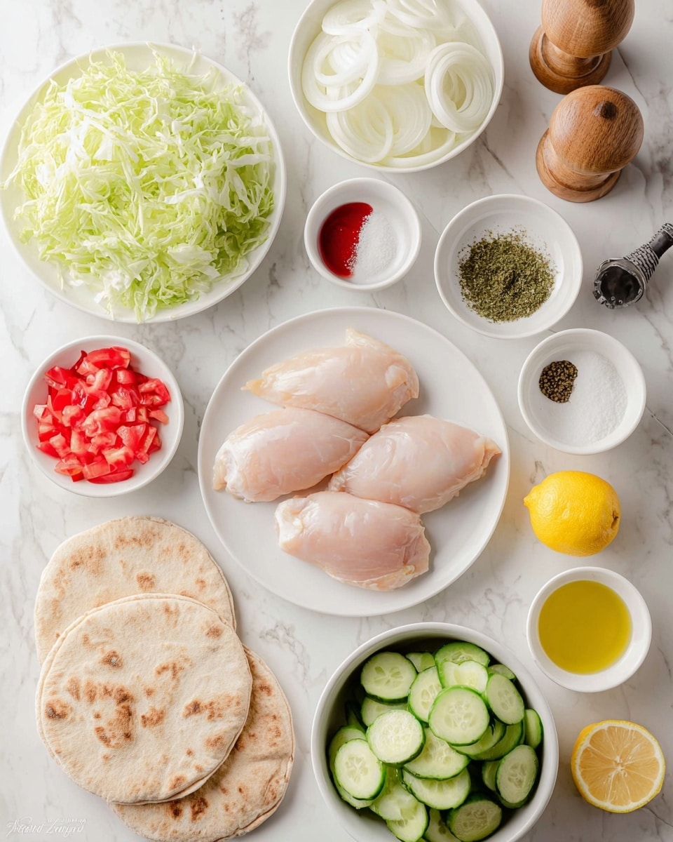 The image shows various ingredients arranged on a white marbled surface. At the center, there is a white plate with three pieces of raw chicken, pale pink in color and smooth in texture. Above it, a white plate holds several transparent white onion slices stacked in two layers. To the left, a white bowl is filled with shredded green lettuce. Surrounding these main ingredients are small white dishes with different contents: one with red chopped tomatoes, another with green dried herbs, one with black pepper, and a small bowl with a red liquid. There is also a larger white bowl filled with thin cucumber slices, all bright green with a fresh look. Near the bottom left corner, there are three round pieces of light brown pita bread stacked slightly overlapping each other. To the right, half a lemon and a whole lemon are placed side by side, showing a bright yellow color. A small bowl of creamy white sauce speckled with herbs and a small bowl of light yellow oil with a green olive branch design complete the scene. At the top right corner, two wooden containers hold white salt with a black spoon resting on one. The setup is bright and clean with all elements easy to see. photo taken with an iphone --ar 4:5 --v 7