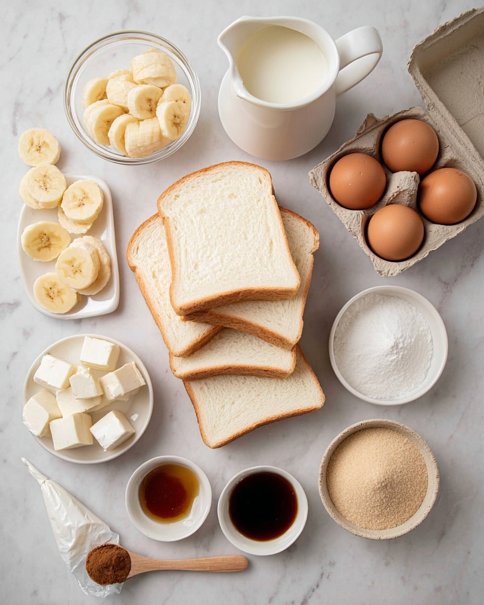 The image shows a white marbled surface with several ingredients arranged neatly. In the center, there are eight slices of white bread stacked in two overlapping rows. To the top left, a small clear glass bowl holds sliced yellow bananas. Next to it, a white pitcher filled with milk or cream sits upright. On the top right, a brown carton holds four brown eggs. Below the pitcher and eggs, a small white bowl contains white cubes, likely cream cheese or butter. On the bottom left, a piping bag with white cream and a small bowl containing dark brown liquid, possibly vanilla extract, are present along with a tiny wooden spoon holding cinnamon powder. In the bottom middle, a small white bowl with light brown syrup or honey and another small white bowl filled with light brown sugar are placed. Photo taken with an iphone --ar 4:5 --v 7