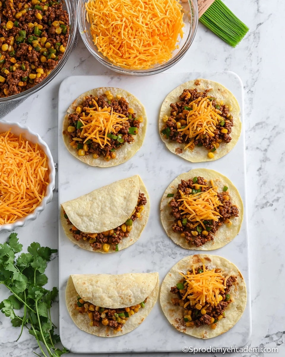 The image shows a white marble cutting board with six small round tortillas arranged on it. Each tortilla has a layer of cooked ground beef mixed with corn kernels and green bell pepper pieces. Four of the tortillas have a layer of shredded orange cheddar cheese on top of the beef mixture. Two tortillas are folded in half, showing the filling inside with visible orange cheese and beef mix, while the other four remain flat. On the upper left side, there is a clear glass bowl filled with more shredded cheddar cheese, and above the board is a white bowl containing more ground beef mixture with green bell pepper and corn. A small clear glass with a green brush is placed to the right of the bowls, and fresh green cilantro leaves are visible on the white marbled surface near the bottom right corner. photo taken with an iphone --ar 4:5 --v 7