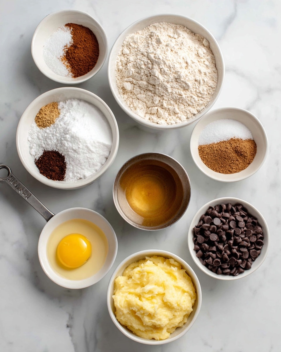 The image shows nine small white bowls and one metal measuring cup arranged in a loose diagonal line on a white marbled surface. The largest bowl at the top right contains light beige flour mixed with small piles of brown cinnamon powder, white baking soda, and salt. Below it, a bowl holds a mix of white granulated sugar and light brown sugar. To the right, a bowl is filled with golden brown melted butter. Below the sugar bowl, a metal measuring cup contains creamy mashed banana. Next to it, a small bowl holds a bright yellow egg yolk, and below that, another bowl contains dark brown vanilla extract. At the bottom right, a bowl is packed with small, dark chocolate chips. Each ingredient is clearly separated and displayed, showing a variety of textures and warm, neutral colors. Photo taken with an iphone --ar 4:5 --v 7