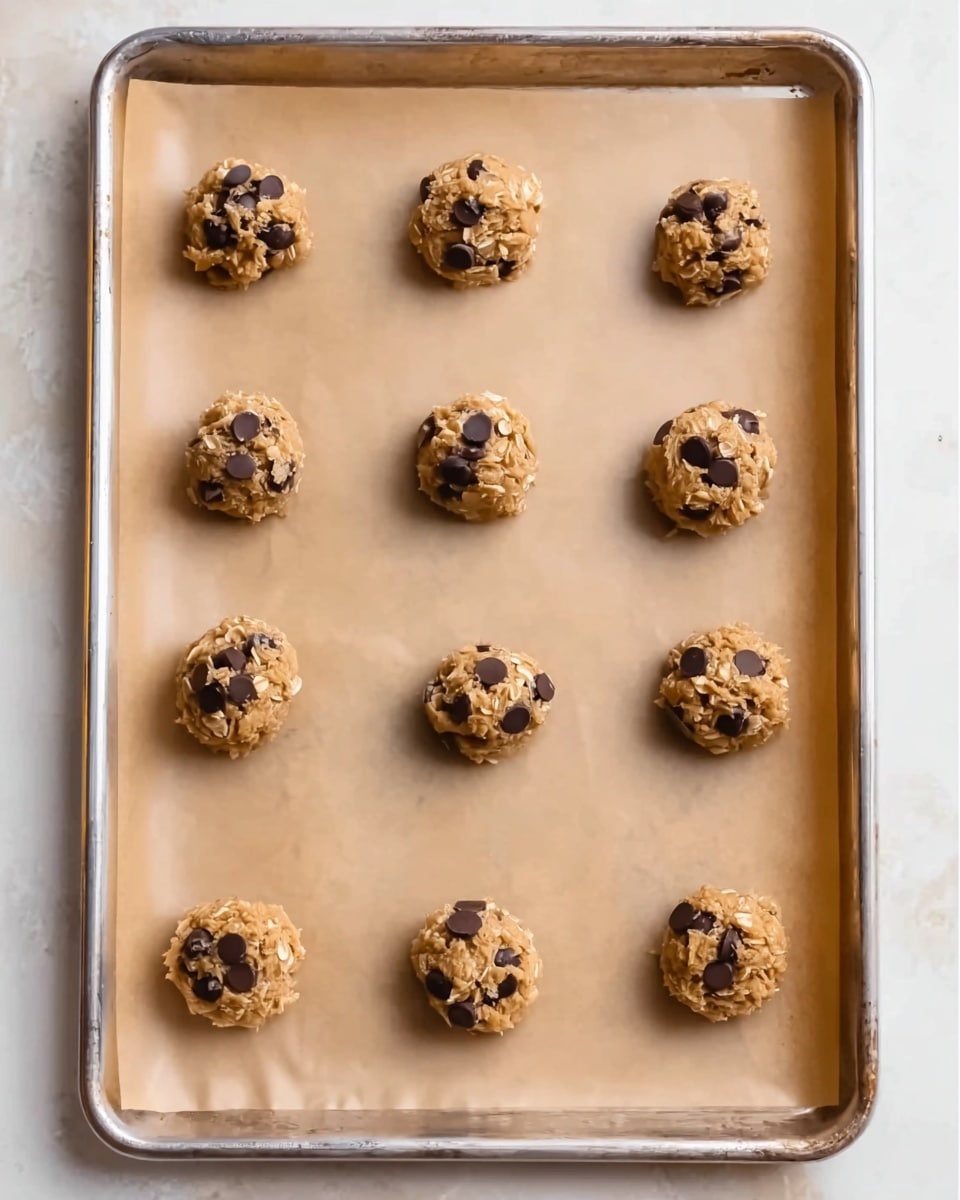 Nine small cookie dough balls are evenly spaced on a baking sheet lined with light brown parchment paper. Each dough ball is light brown with visible oats and topped with several dark chocolate chips, giving a textured and chunky look. The baking sheet is silver, sitting on a white marbled surface. The dough balls are arranged in three rows and three columns, with enough space between them to expand during baking. Photo taken with an iphone --ar 4:5 --v 7