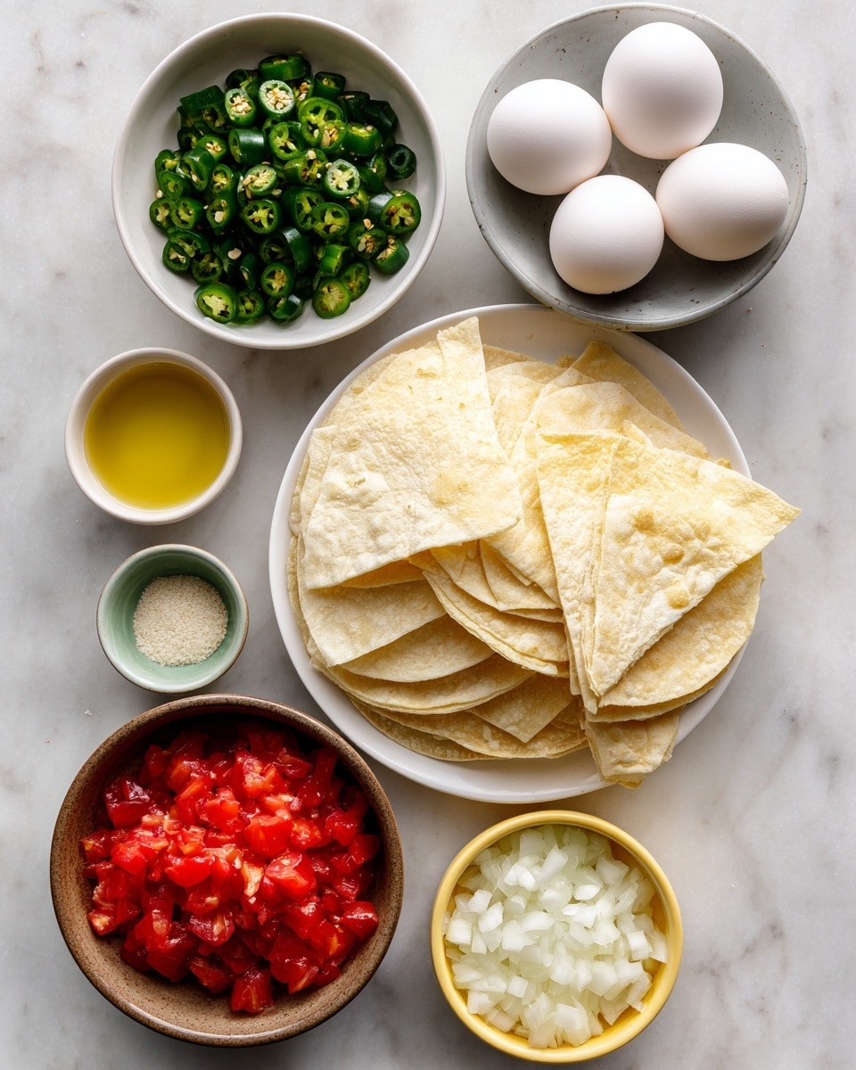 The image shows several bowls with ingredients placed on a white marbled surface. In the center, there is a white plate piled with roughly 20 triangle-shaped pale yellow corn tortillas. To the top left of the plate is a white bowl filled with chopped dark green jalapeño pieces. To the right side, there is a gray bowl holding six white eggs. Below the jalapeño bowl, a small white bowl contains light golden oil. Near the top left corner, a small green dish holds a mix of white salt and beige garlic powder. At the bottom left corner, there is a brown bowl with bright red chopped tomatoes, while to the right of it, a yellow bowl is filled with finely chopped white onions. The image is clear and bright, with all ingredients well arranged and labeled. Photo taken with an iphone --ar 4:5 --v 7