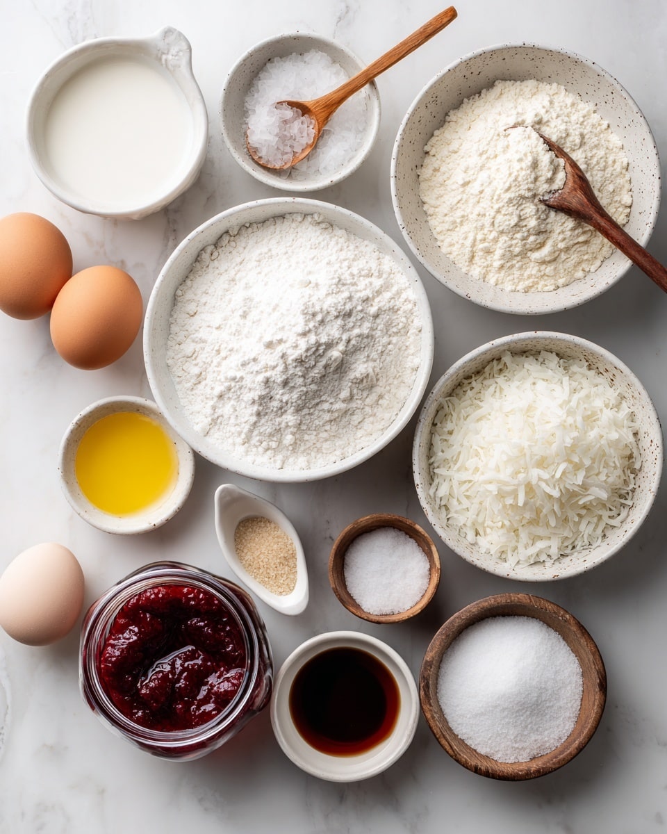 The image shows various baking ingredients arranged on a white marbled surface. There are two brown eggs in the bottom left corner near a small white bowl of milk. Next to them, a white bowl holds fine white all-purpose flour with a wooden spoon resting inside. Above this, a white bowl is filled with white granulated sugar with a small wooden spoon. To the right, another white bowl contains shredded white coconut. Near the center top, a ceramic speckled bowl holds white powdered sugar, and beside it, a small wooden bowl contains white salt. Next to the salt, a tiny white cup has dark brown vanilla extract. A small white bowl with golden yellow oil is placed at the top left. Center-left is a glass jar filled with dark red strawberry jam. Each ingredient is clearly labeled on black tags with bold white text. photo taken with an iphone --ar 4:5 --v 7