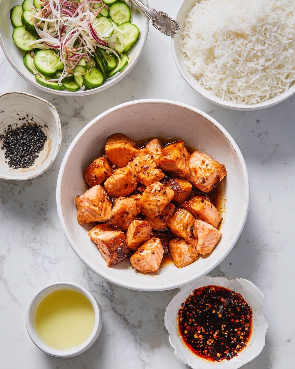 A white bowl filled with several pieces of golden-brown cooked salmon chunks, lightly coated in a sauce; on the upper left, a white bowl holds sliced green cucumbers mixed with thin strips of reddish onion and black seeds; to the upper right, a white bowl is filled with fluffy white rice; near the bottom right, a small white bowl contains a dark red chili sauce with oil visible; close to it, another small white bowl has black sesame seeds with a silver spoon inside; and towards the bottom left, a small white dish has a light yellow liquid; all dishes are placed on a white marbled surface photo taken with an iphone --ar 4:5 --v 7