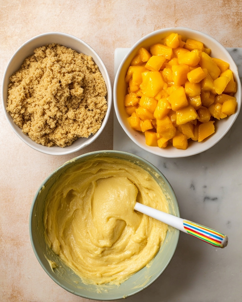The image shows three white bowls on a white marbled surface. The top right bowl contains bright orange-yellow chunky pieces of fruit, likely peaches, filling the bowl fully. The bowl on the left is filled with a light golden-brown crumbly mixture, appearing coarse and rough in texture. The large bowl at the bottom contains a thick, pale yellow batter with a smooth and creamy texture, partially mixed with a white spatula that has colorful stripes on the handle. The overall setting has a warm tone and a clean, simple look. photo taken with an iphone --ar 4:5 --v 7
