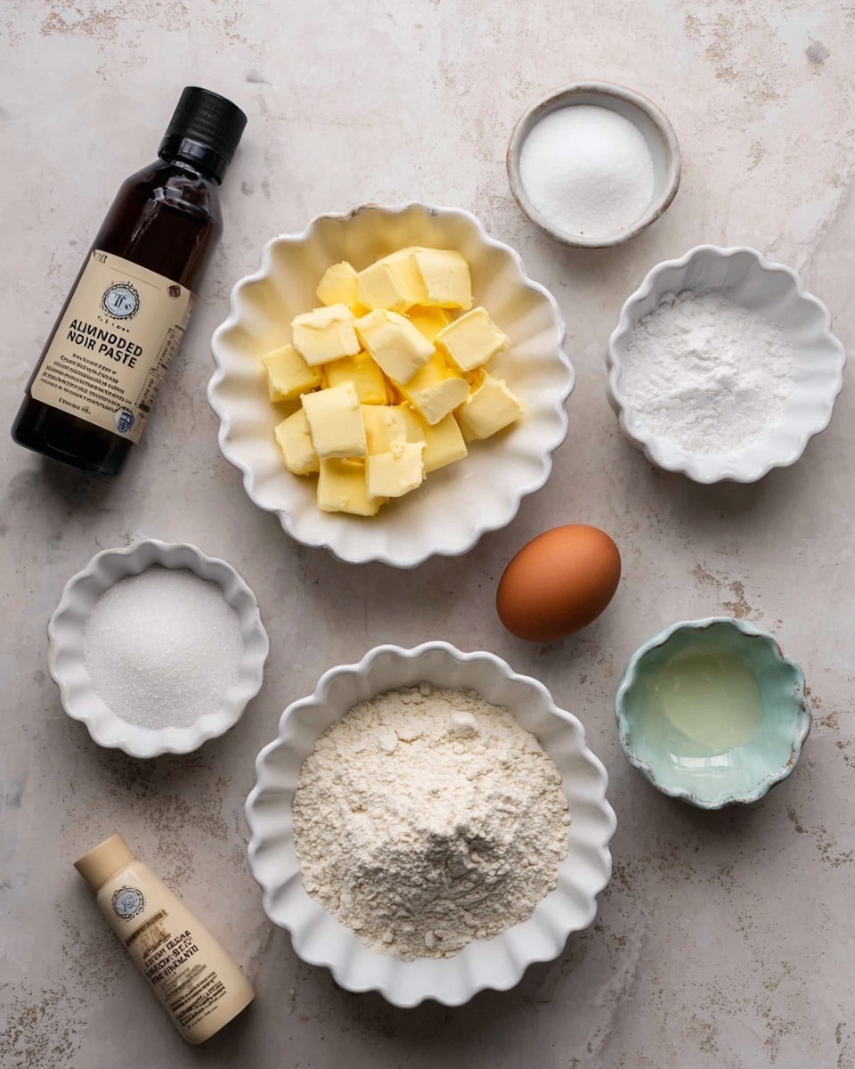 The image shows several white scalloped bowls and containers arranged on a white marbled surface. One bowl is filled with cubed yellow butter, another one contains a pile of light beige flour with a small amount of white powder on top, and a third bowl holds white granulated sugar. Another bowl contains a white fine powder, and a smaller bowl has a pale greenish powder. There is a whole brown egg placed near the center, near a small beige tube labeled