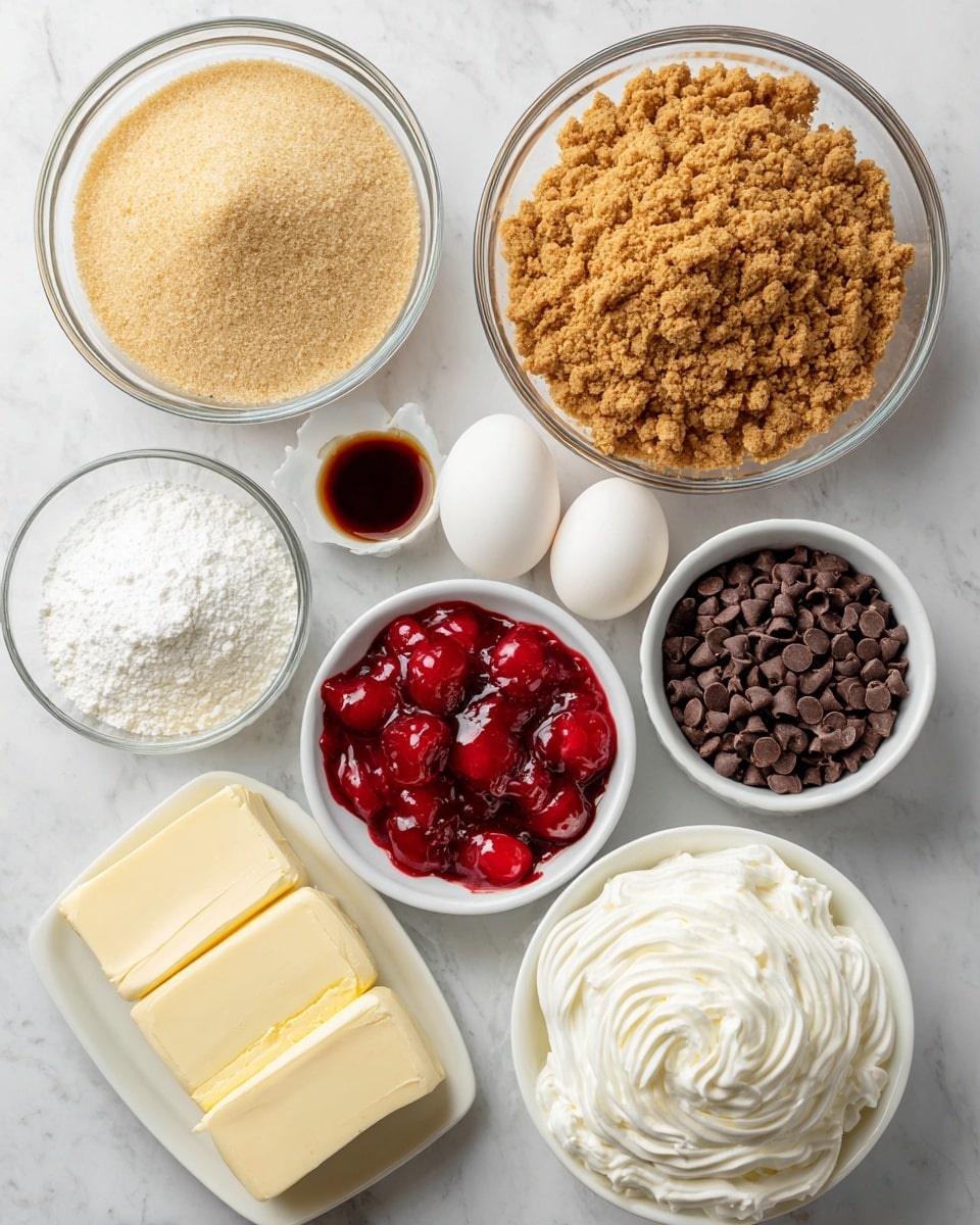 A top-down view of multiple ingredients arranged neatly on a white marbled surface. At the top center, there is a large glass bowl filled with light brown crushed graham crackers. To the left, there is a small dish with dark brown vanilla extract and below it is a white baking dish filled with pale yellow butter. Below the butter, a white bowl holds fine white sugar. Next to the sugar, three white eggs sit on a small clear plate. At the bottom left, two large blocks of smooth, cream-colored cream cheese rest side by side. To the right of the cream cheese, a white bowl is filled with glossy bright red cherry pie filling with visible whole cherries. Just above the cherry filling, a white oval dish contains many small dark brown chocolate chips. At the bottom right, a white bowl shows thick, white whipped cream with smooth swirls. Everything is clearly labeled with bold black text outlined in white for each ingredient. Photo taken with an iphone --ar 4:5 --v 7